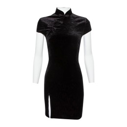 訂造復古唐裝領短袖連衣裙  女超火的絲絨性感開叉旗袍短裙潮 SKCS025 訂造復古唐裝領短袖連衣裙  女超火的絲絨性感開叉旗袍短裙潮 SKCS025